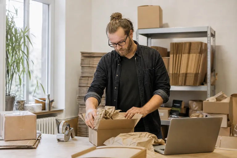 Packtisch eines kleinen Onlineshops mit Versandkartons, Füllpapier und Laptop