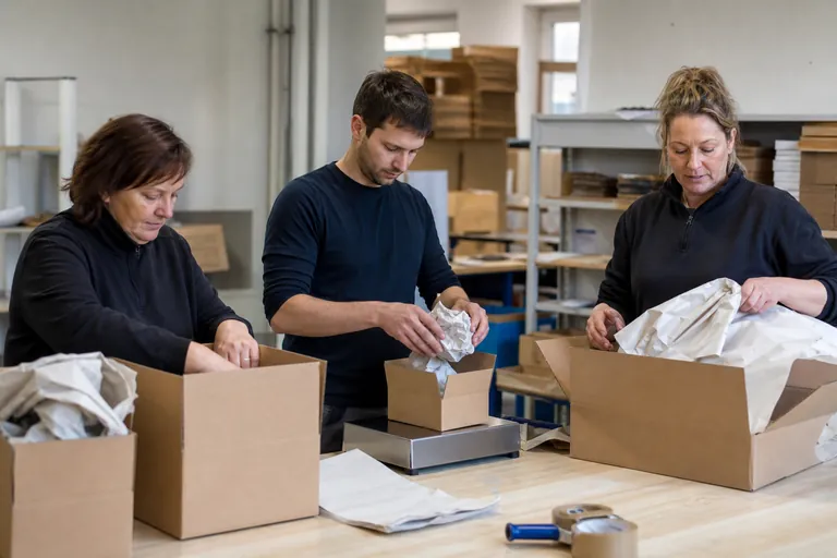 Drei Versandverpackungen mit Waage, Papierpolster und Klebeband auf einem Packtisch