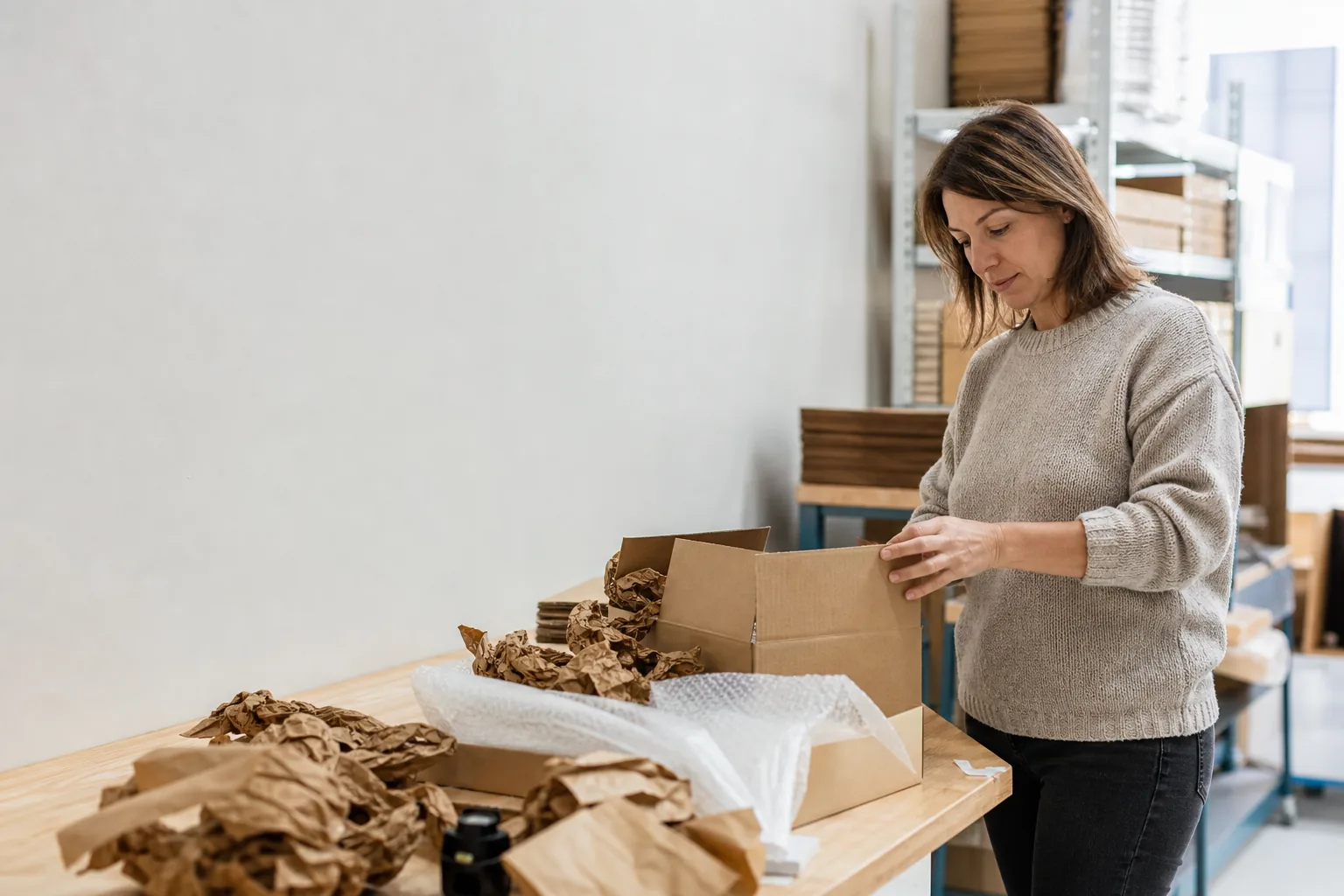 Onlinehändlerin sortiert Verpackungsmaterial an einem Packtisch