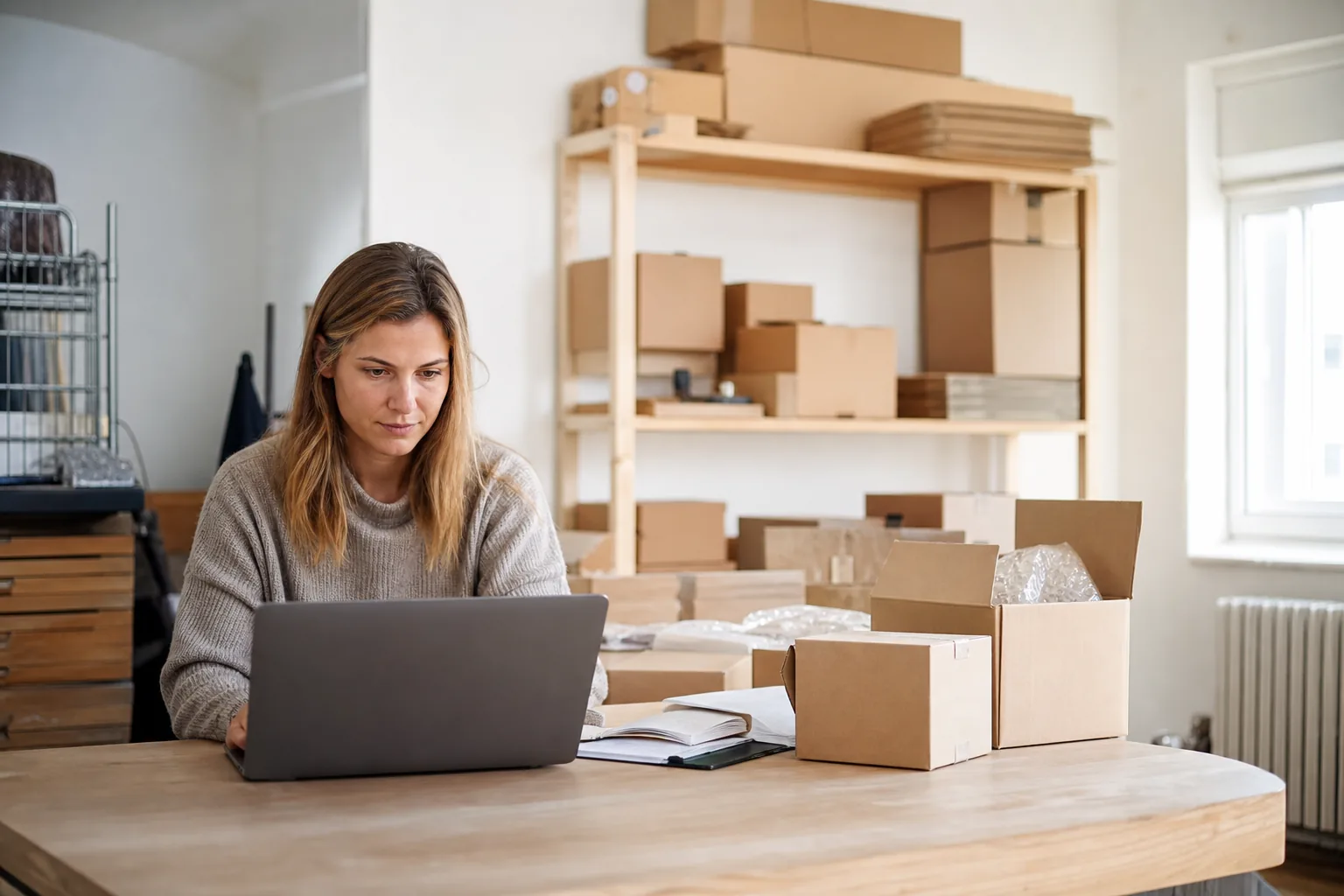 Onlinehändlerin prüft an einem Packtisch Versandkartons und Termine in einem Kalender