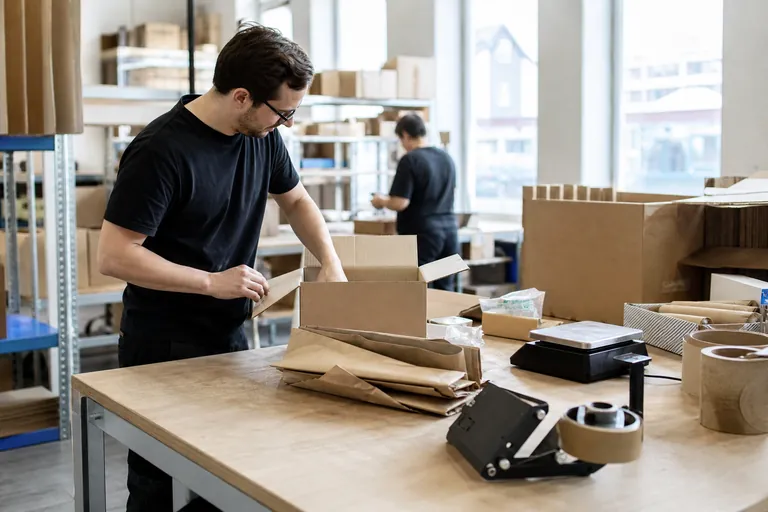 Versandkarton und Verpackungsmaterialien werden auf einem Packtisch gewogen